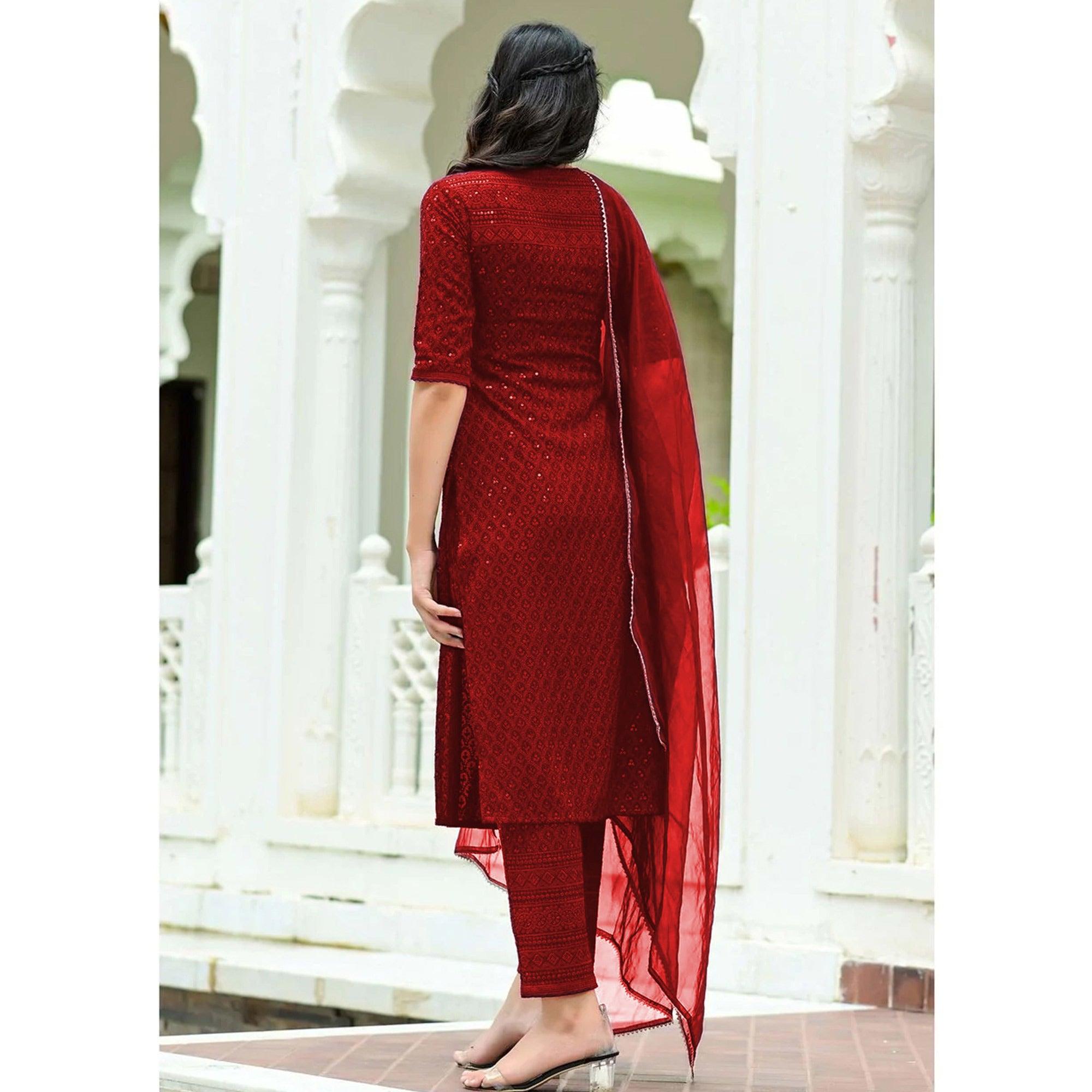Buy Preeti Collection Cotton Heavy Embroided Sequence Zari Work Maroon Kurti  with Pant and Dupatta (PRT-Emb-MRN-M) at Amazon.in